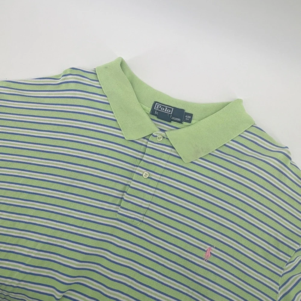 Polo Ralph Lauren Polo Shirt Mens 4XB Green Blue Striped Short Sleeve Cotton